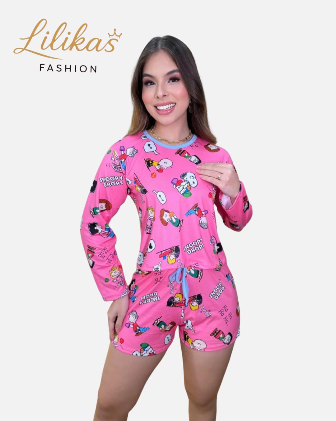 Modelo vestindo pijama rosa da Lilikas Fashion